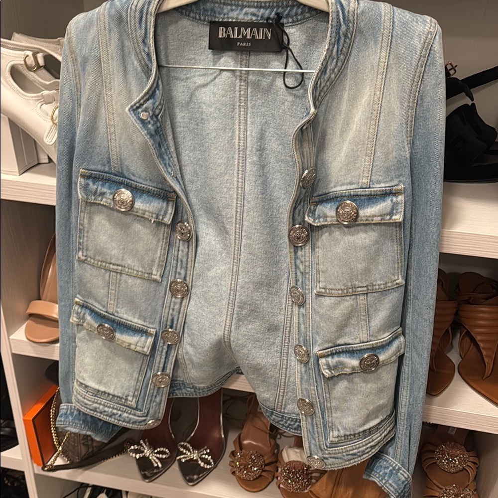 Balmain Faded Blue Denim Jacket with Silver Buttons